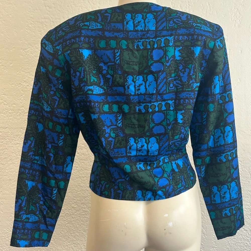 Thai silk by SIAM MALEE  blue / Green Patterned Women's light top sz 2